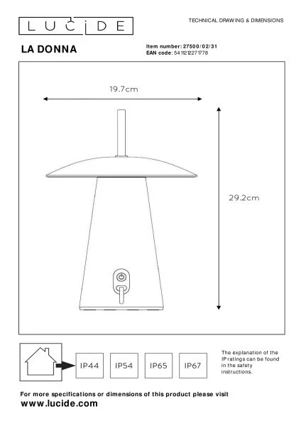 Lucide LA DONNA - Lampe de table Rechargeable Intérieur/Extérieur - Batterie/Piles - Ø 19,7 cm - LED 3 StepDim - 1x2W 2700K - IP54 - Blanc - technique